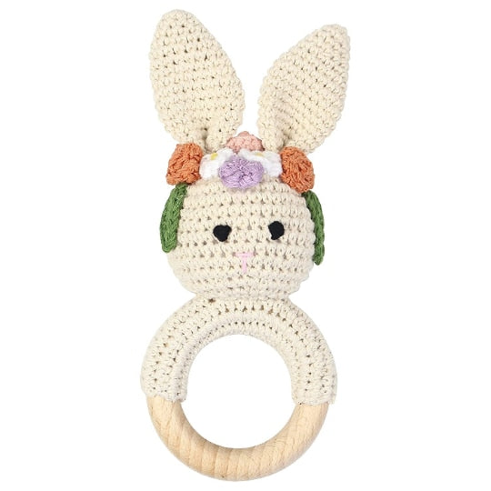 Newborn Baby Rattles Cute Cartoon Animal Rabbit Grab Ability Training Toys Infant Bell Toy Original Wood Crochet Hook Knitted