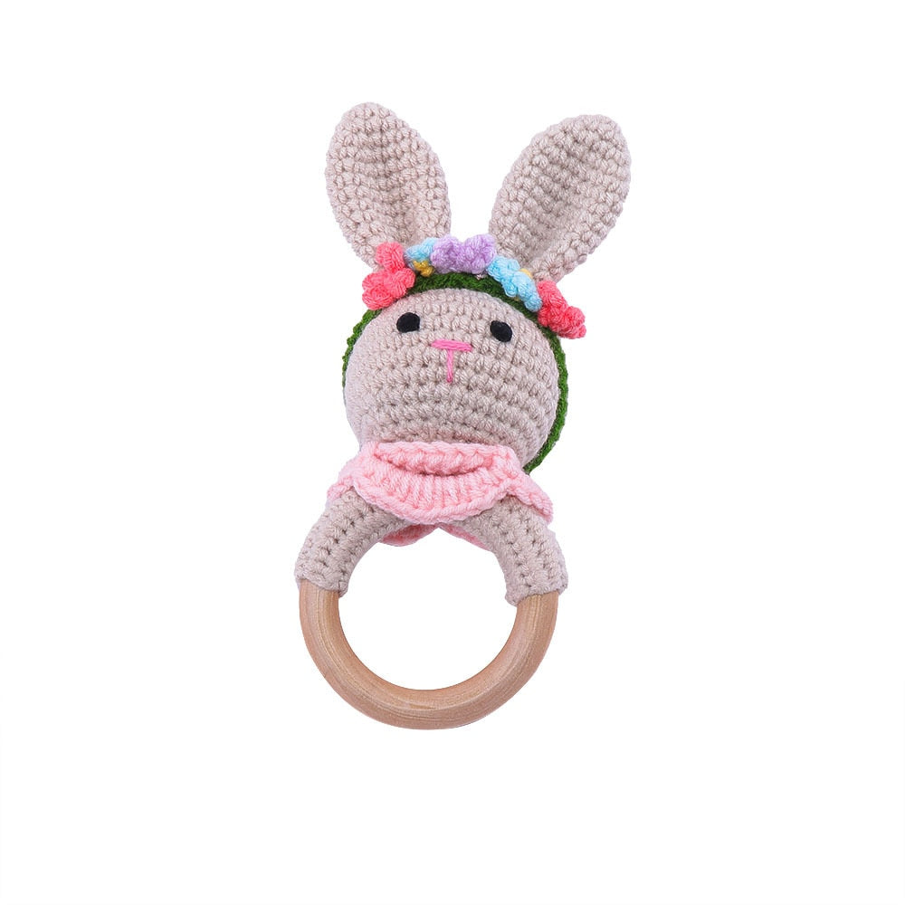 Newborn Baby Rattles Cute Cartoon Animal Rabbit Grab Ability Training Toys Infant Bell Toy Original Wood Crochet Hook Knitted